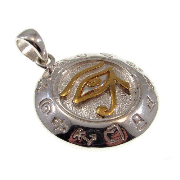 Solid 925 Sterling Silver & Gold Accent Eye of Horus Pendant with Zodiac Symbols - Picture 3 of 5